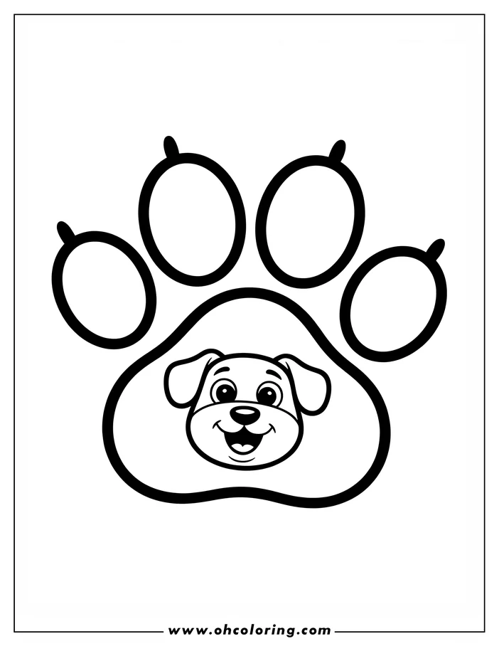Line art of a dog's paw print containing a cute puppy face. The puppy has a happy, open-mouthed expression.