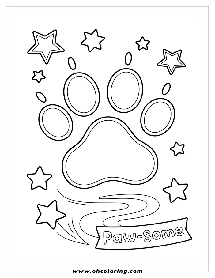 Line art of a dog paw print surrounded by stars, with a "Paw-Some" banner