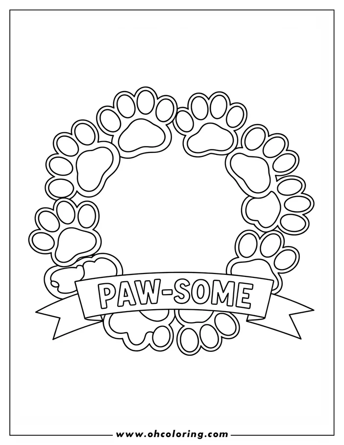 Line art of a wreath made of dog paw prints with a banner that says "Paw-some".