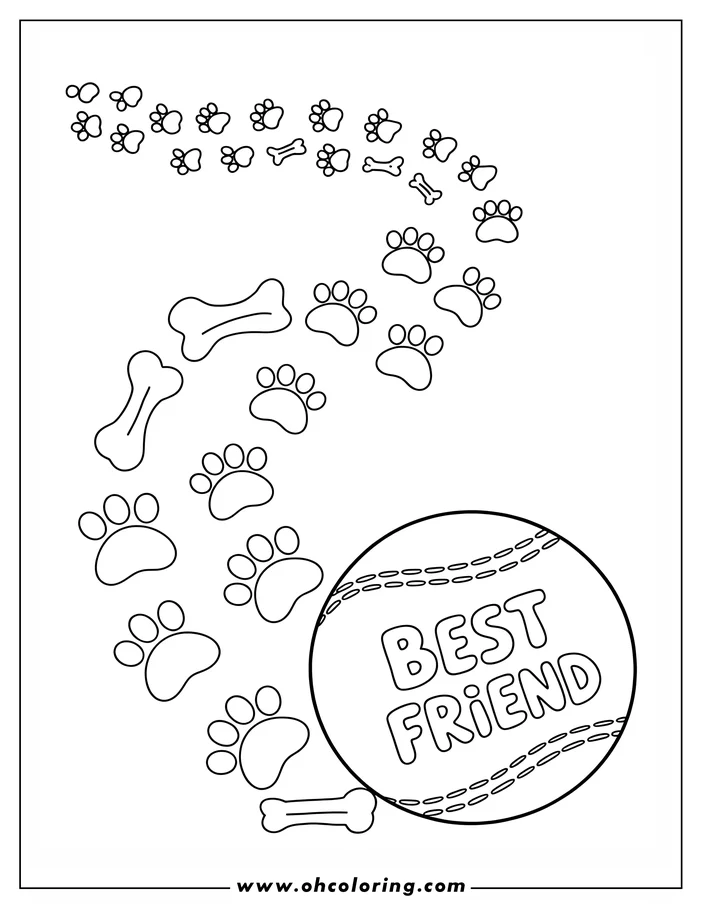 Line art of dog paw prints, bones, and a ball labeled "Best Friend."