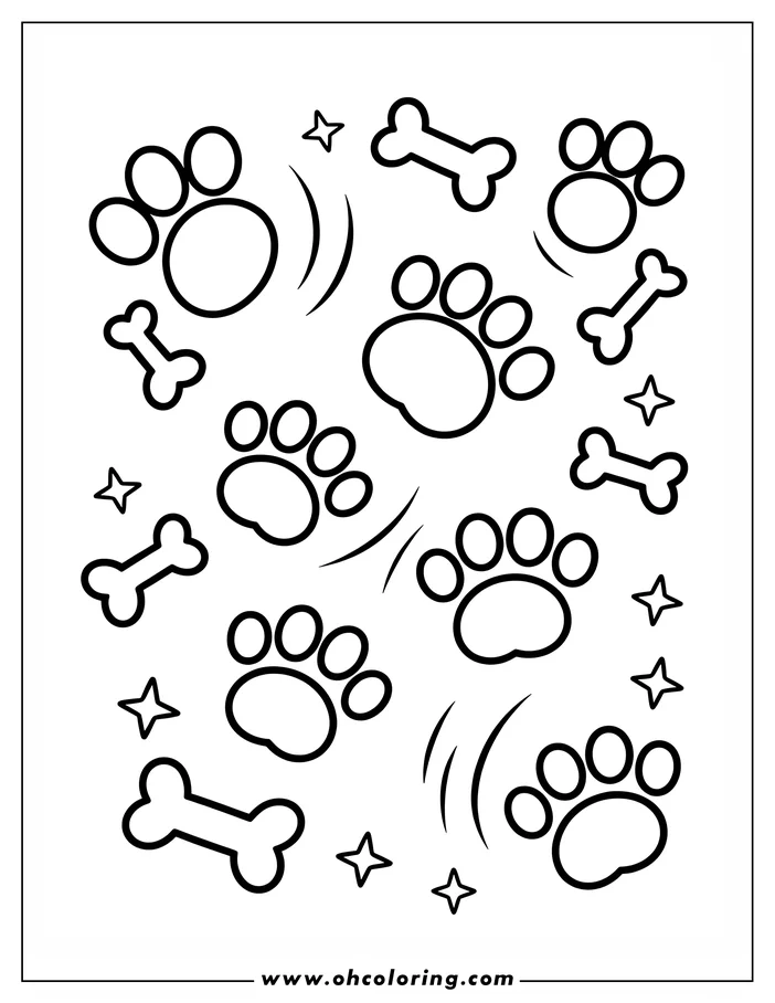 Line art of dog paw prints, bones, and stars, creating a playful pattern for coloring.