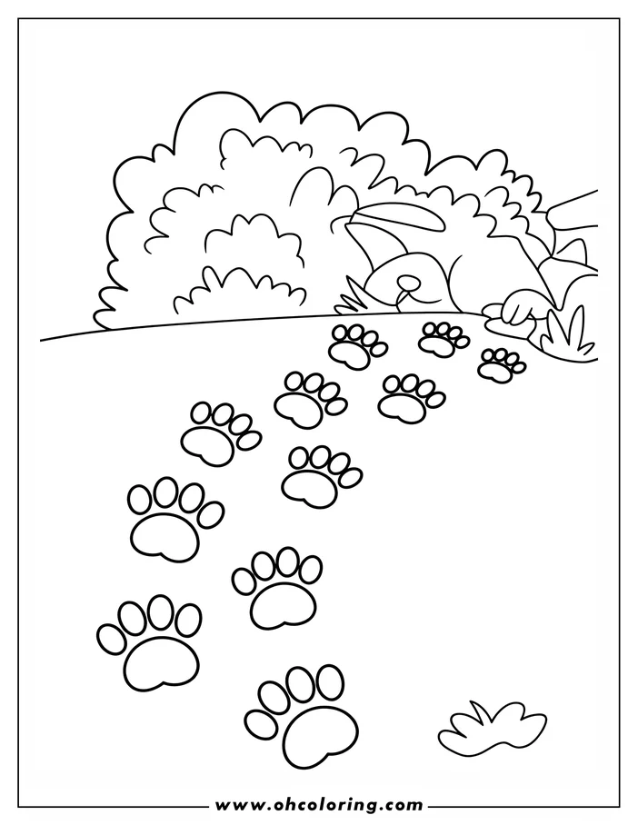 Line art of dog paw prints leading away from a bush.