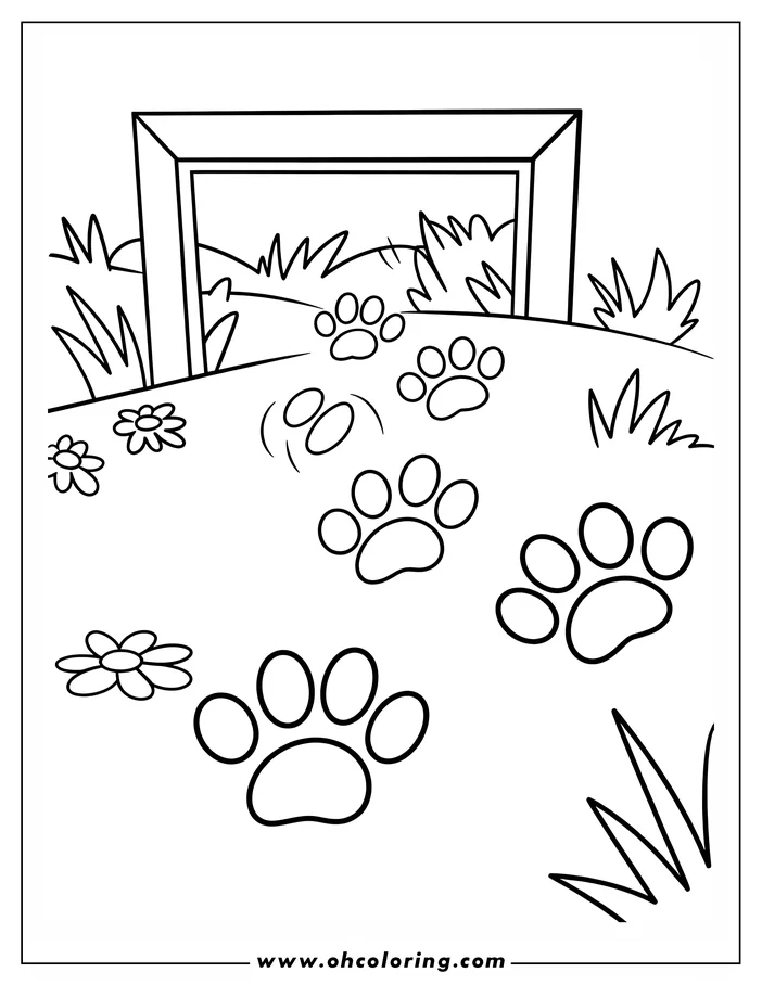 Line art of dog paw prints leading towards a gate in the grass. Two simple flowers are visible in the foreground.