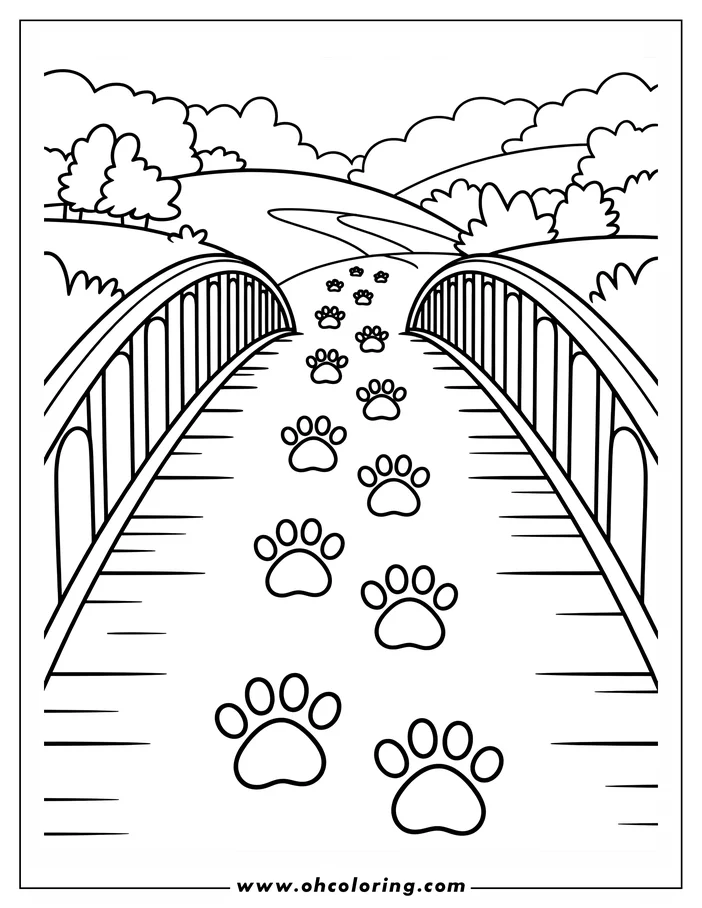 Line art of dog paw prints leading across a wooden bridge in a serene landscape.