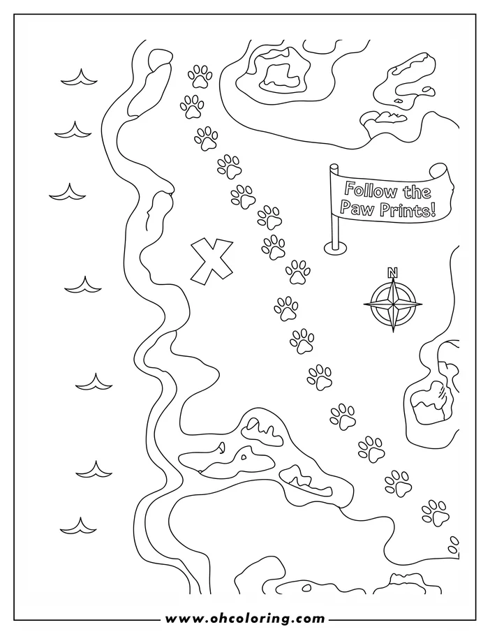 Outline of dog paw prints on a treasure map with a sign, compass rose, and water along the shore.