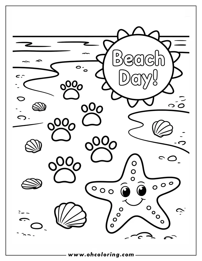 Line art of a beach scene with dog paw prints, a smiling starfish, seashells, and the words "Beach Day!"