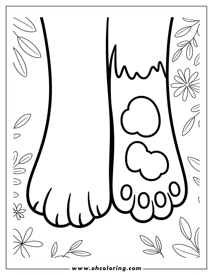 Line drawing of two cartoon dog paws and flowers