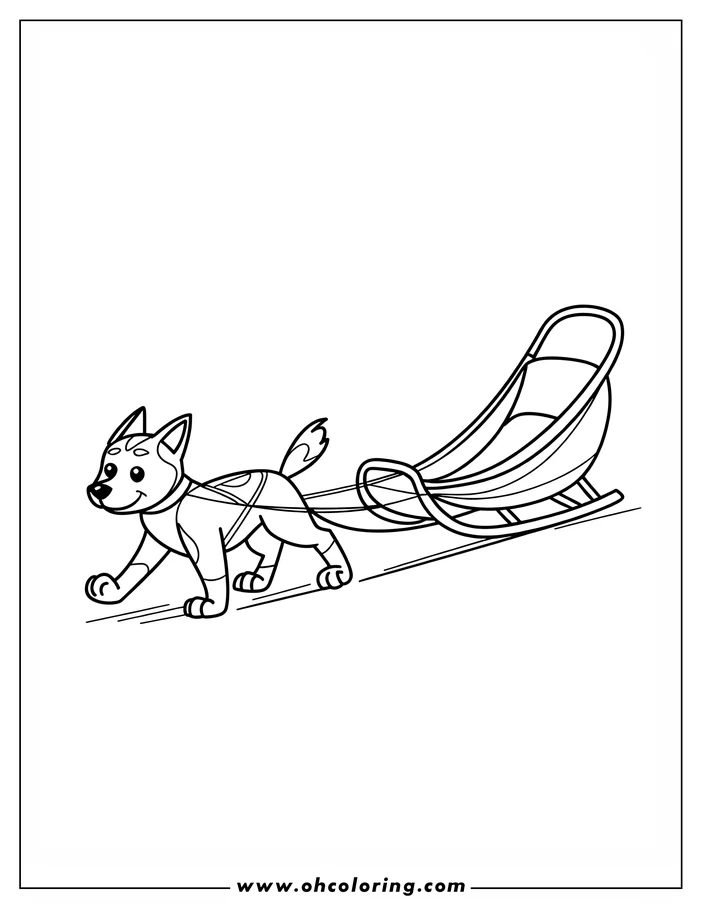 Outline drawing of a happy dog pulling a sled across the snow