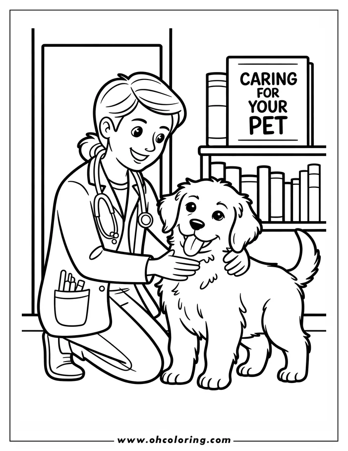 Line art of a veterinarian examining a friendly, fluffy dog.  A "Caring for Your Pet" book is visible on a bookshelf behind them.