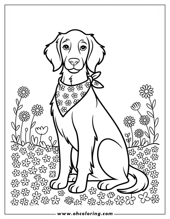 Line art of a dog wearing a floral bandana sitting in a field of flowers. This is a coloring sheet design ready for printing and coloring.