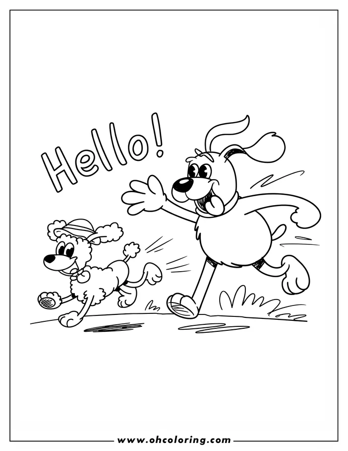 Two cartoon-style dogs playing. One wears a hat and the other stretches out a paw while saying hello.