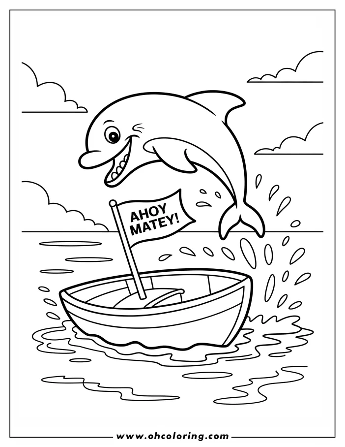 Line art of a playful dolphin jumping over a sailboat. The dolphin is smiling, and the sail has "Ahoy Matey!" written on it.