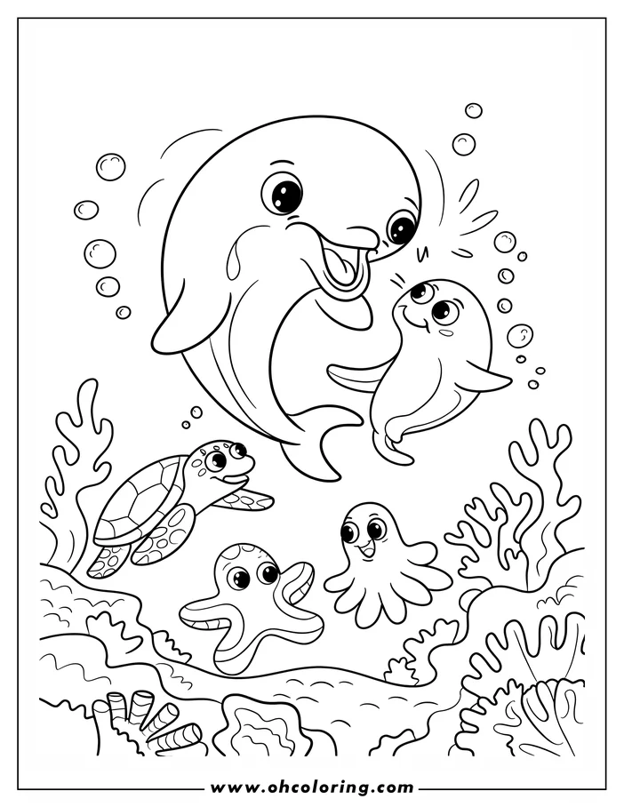 Line art of a dolphin and seal playing together underwater, with a sea turtle and octopus swimming near coral below.
