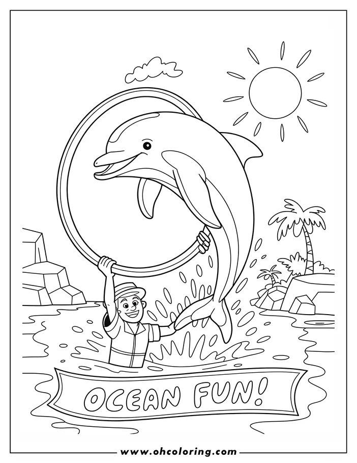 Line art of a dolphin jumping through a hoop held by a zoo trainer in a tropical-themed enclosure.