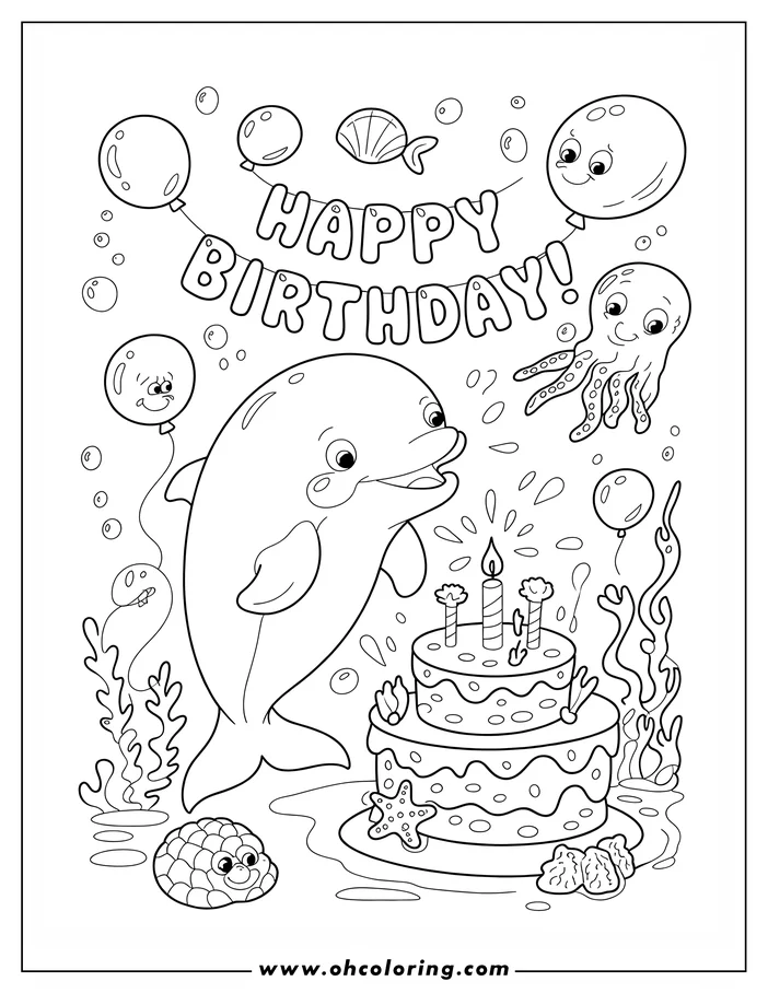 Line art of a cheerful dolphin celebrating a birthday with a cake and underwater decorations.