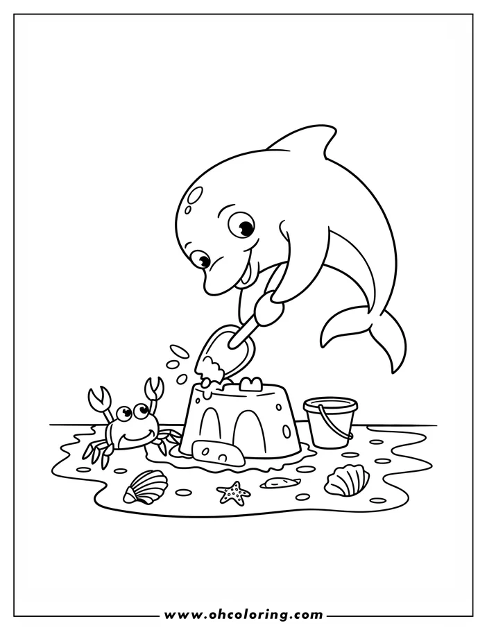 A cartoon dolphin with a friendly smile builds a sandcastle on the beach using a small shovel. A crab, seashells, and starfish decorate the scene.