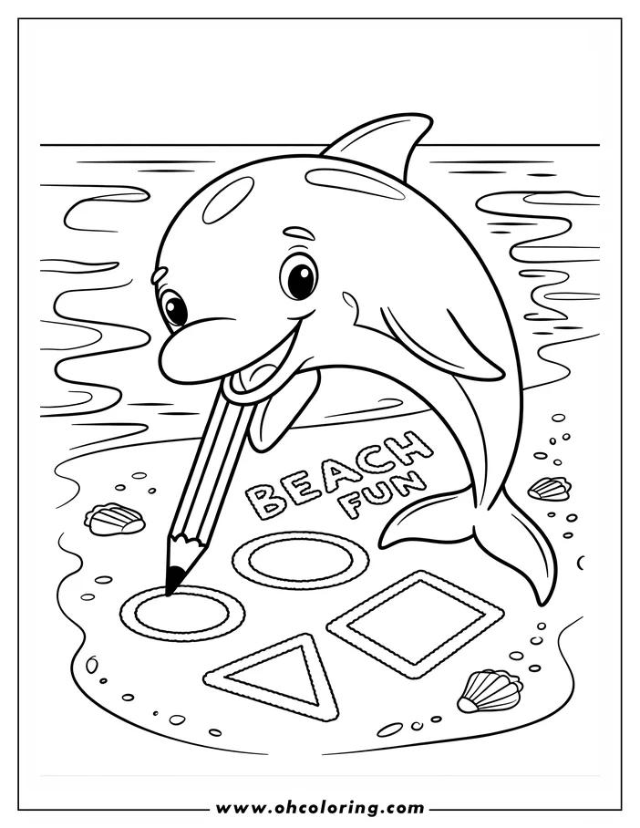 Line art of a smiling dolphin drawing a circle, square, and triangle in the sand underwater, surrounded by small seashells.