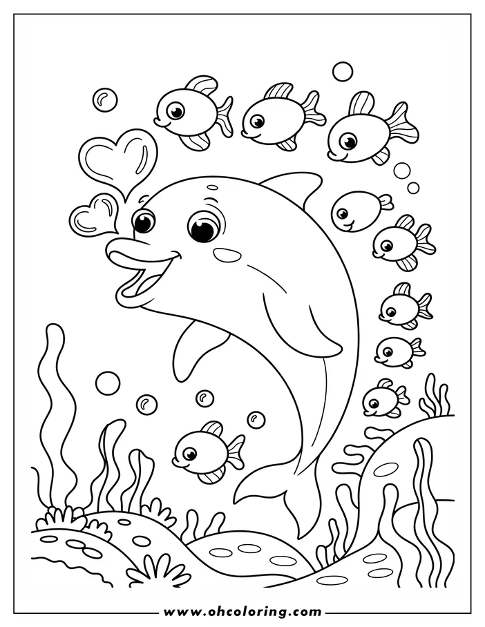 Line drawing of a playful dolphin blowing heart bubbles, surrounded by small fish in the ocean. Seaweed and the ocean floor create an underwater scene.