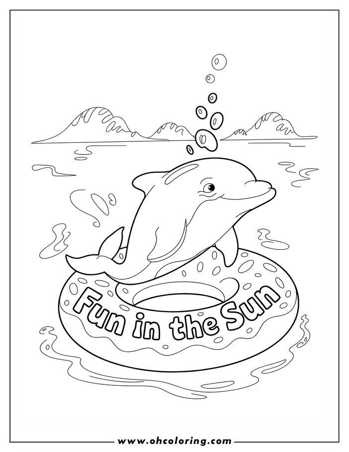 A cartoon dolphin sits playfully in an inner tube labeled "Fun in the Sun" in a watery landscape.