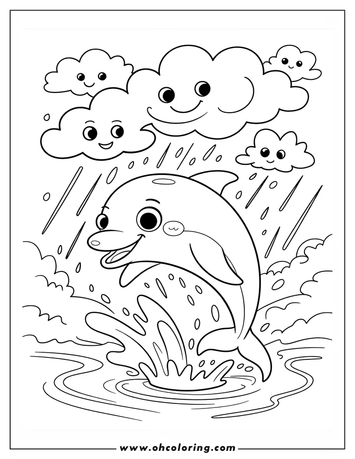 Line art of a playful dolphin jumping in the rain, with smiling clouds overhead.