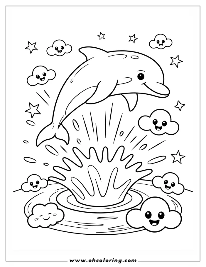 Line art of a playful dolphin jumping out of the water, surrounded by smiling clouds and stars.