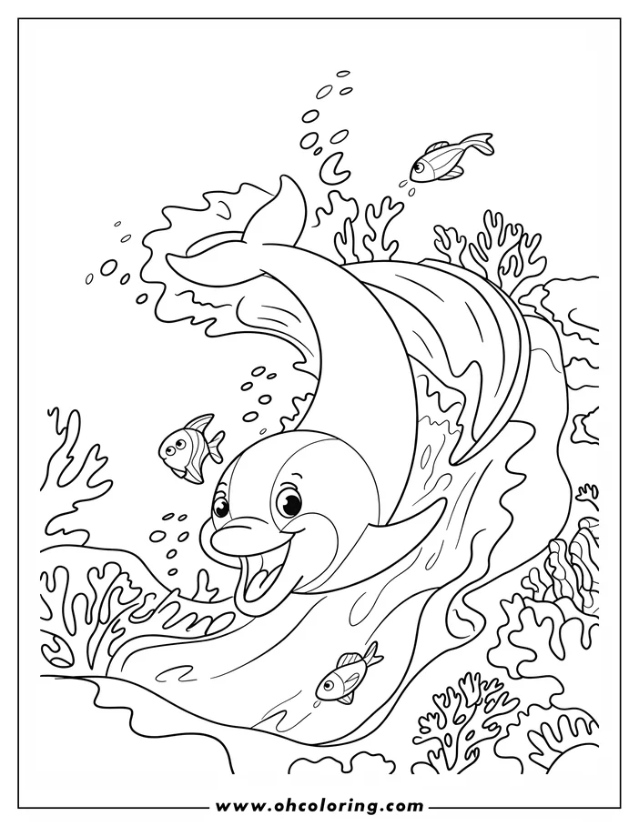 Playful cartoon dolphin jumping from a wave with small fish and coral surrounding it.