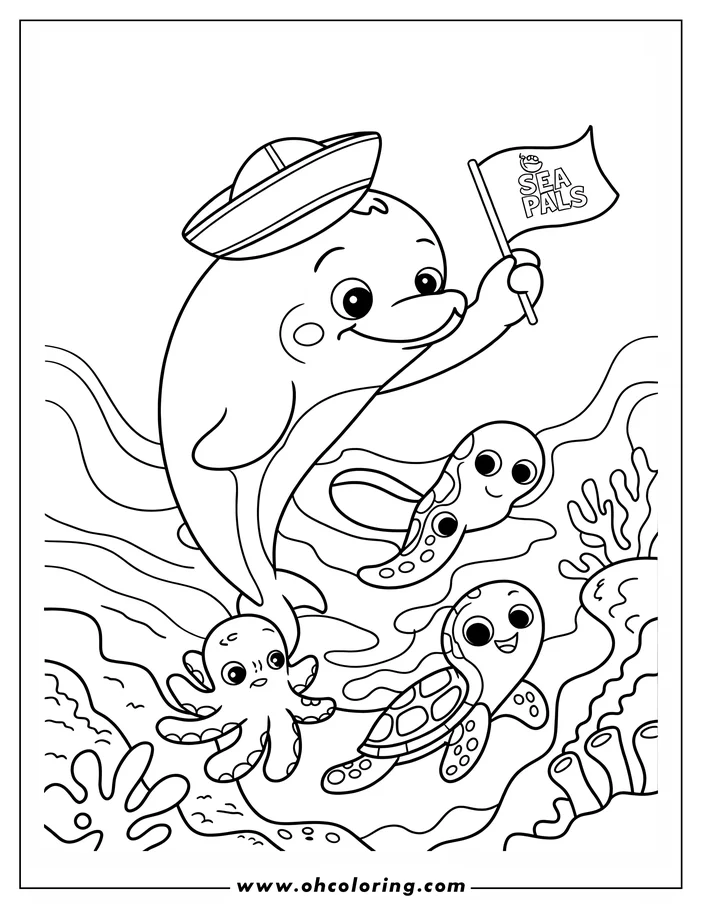 Line art of a cartoon dolphin with a sailor hat holding a Sea Pals flag, swimming underwater with two octopuses and a sea turtle, surrounded by coral and ocean plants.