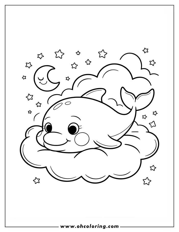 Outline of a cute cartoon dolphin lying on a cloud, surrounded by stars and a crescent moon.