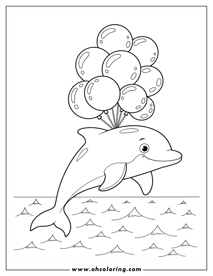 Line art of a cartoon dolphin jumping out of the water with a bunch of balloons.