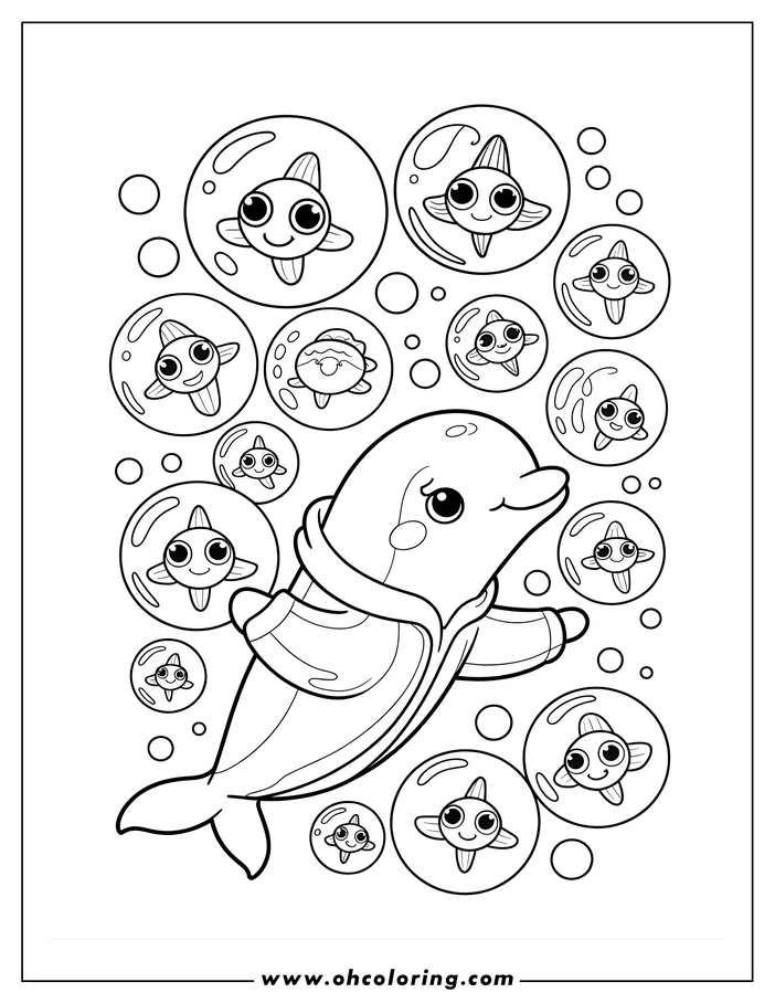 Line art of a cartoon dolphin swimming among bubbles containing small sea stars.