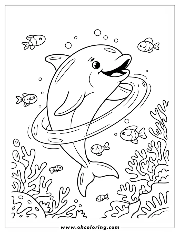 Line art of a playful dolphin leaping through a hoop underwater, surrounded by small fish and coral.
