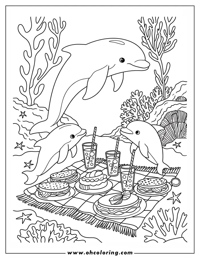 Line art of three dolphins having a picnic underwater. They're gathered around a blanket with food and drinks, surrounded by coral and starfish.