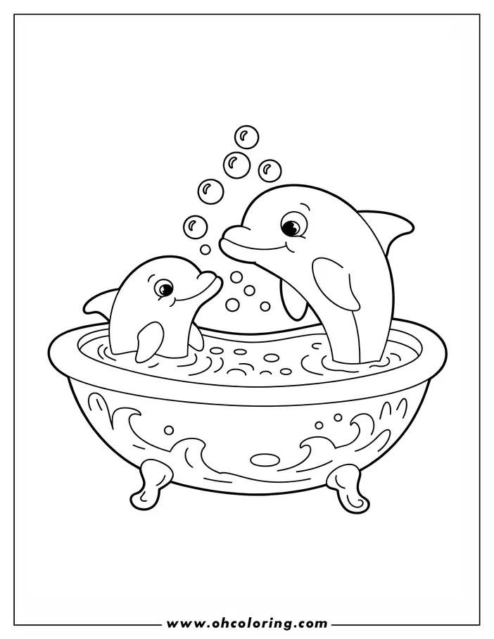 Two dolphins, one large and one small, playing together in a bathtub with bubbles.