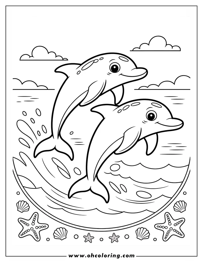 Two dolphins jumping out of ocean waves with seashells and starfish beneath them.