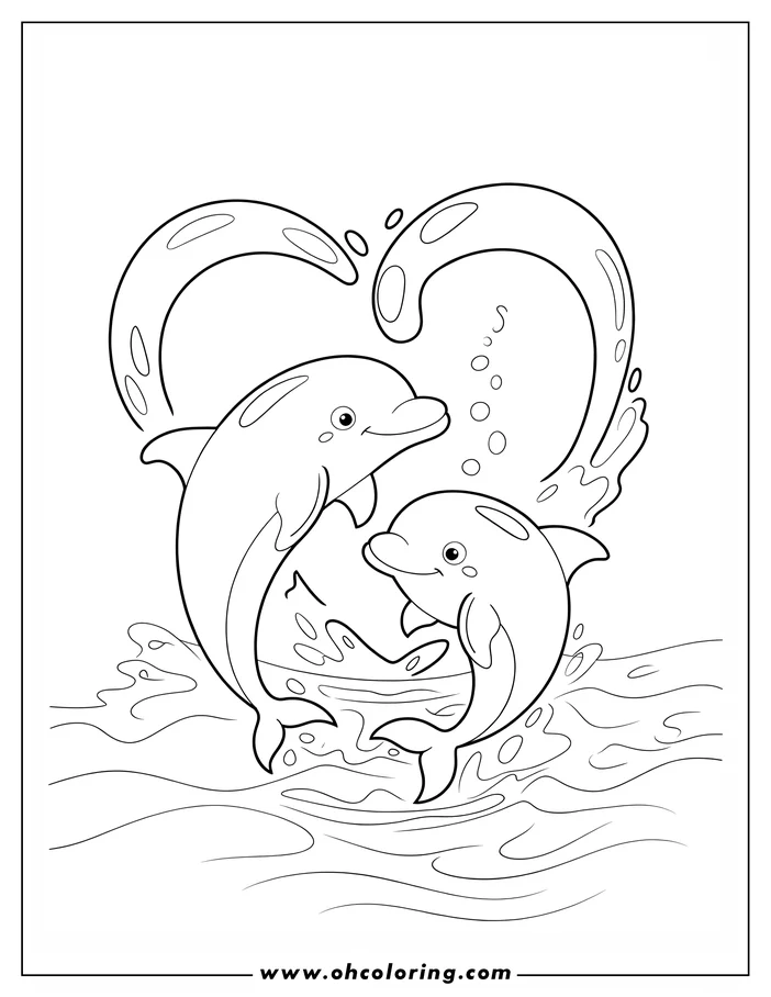 Two dolphins leap from the water to form a heart shape with their spouts.