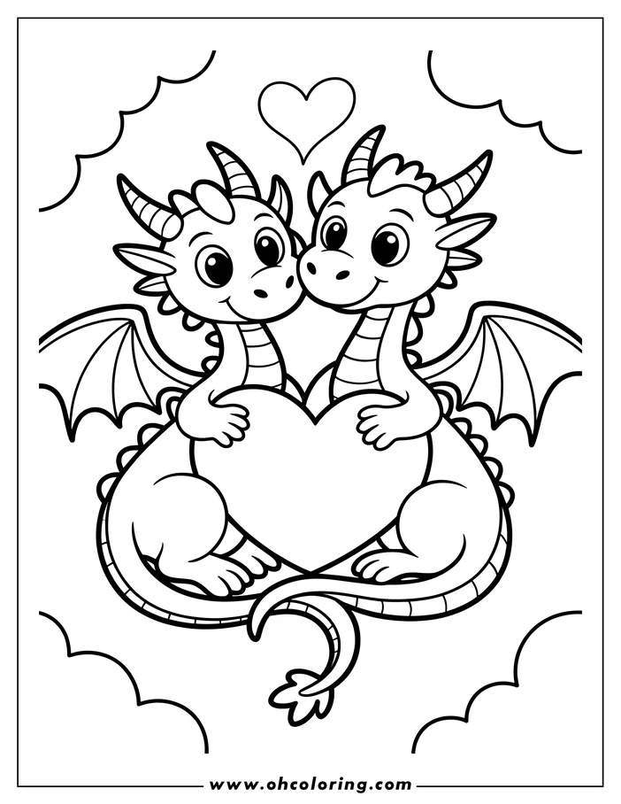 Line art of two friendly cartoon dragons hugging a large heart, with a smaller heart floating above them, set against a simple cloudy background. This is a Valentine's Day coloring sheet design.