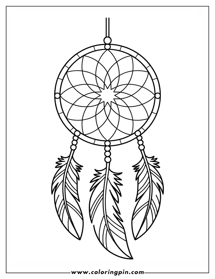 Line art of a dreamcatcher with a geometric web pattern and three hanging feathers.