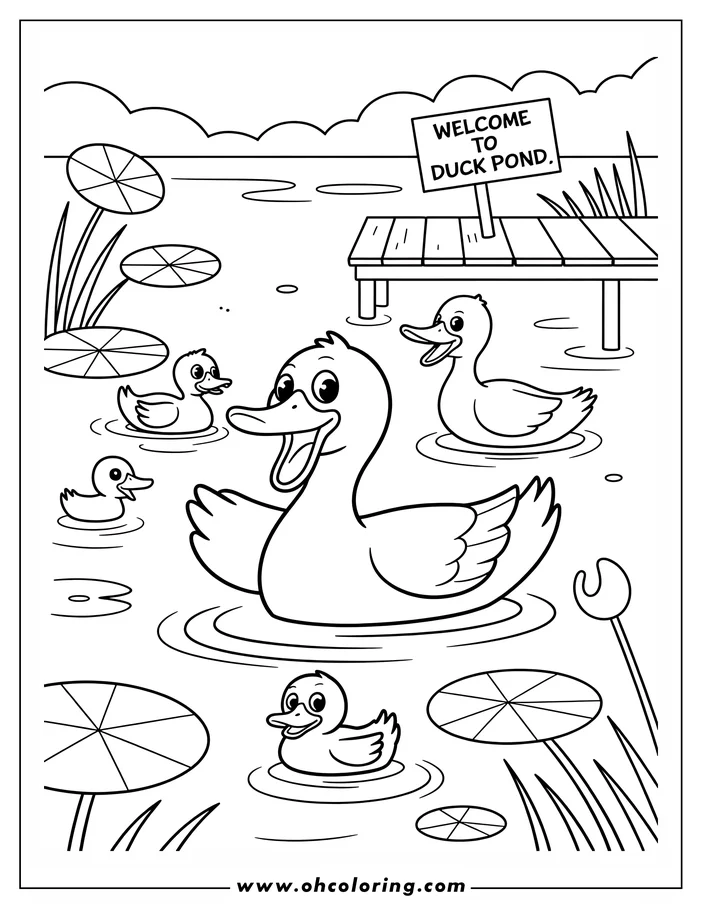 Line art of a family of ducks swimming in a pond with lily pads, reeds, and a "Welcome to Duck Pond" sign on a pier.