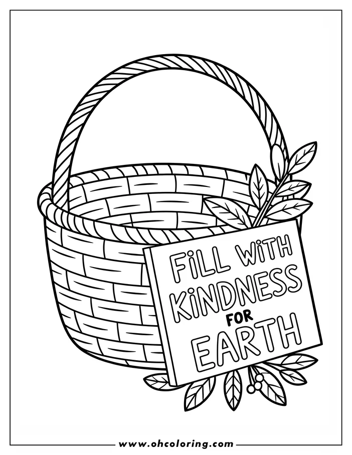 Line art of a woven basket decorated with leaves and berries.  The basket contains a sign that reads "Fill with Kindness for Earth." This image is a coloring sheet design.
