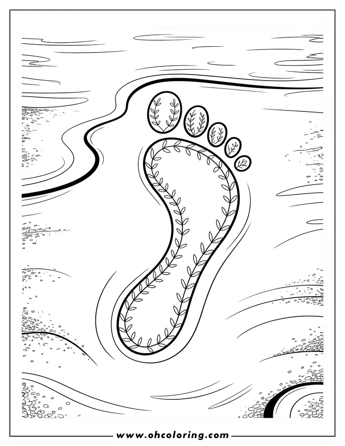 Line art of a footprint filled with leaves, symbolic of environmentalism and Earth Day. The simple design is set against a wavy background, suitable for a coloring sheet activity.