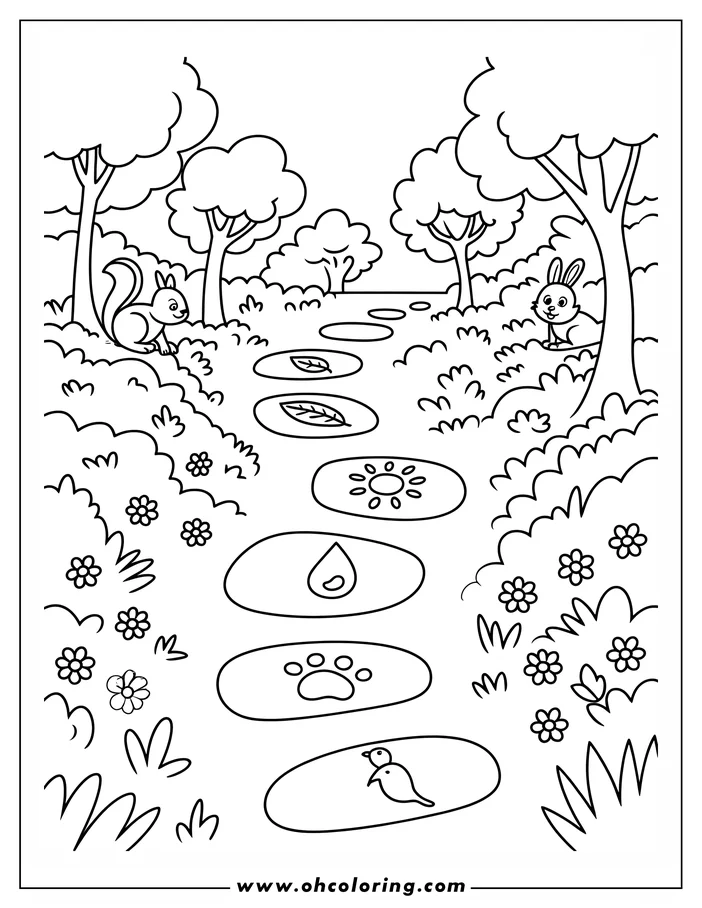Earth Day coloring page depicting a forest path with symbols of nature. Leaves, sunshine, water droplet, paw print, and a bird are along the path. A squirrel and a rabbit can be seen amongst the trees and bushes. Flowers and grass grow along the edges. Line art drawing ready for coloring.