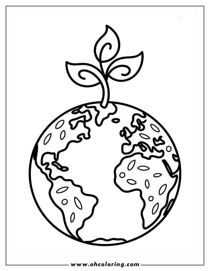 Line art of the Earth with a small plant sprout growing out of it, creating an image symbolic of Earth Day. Perfect for a coloring sheet.