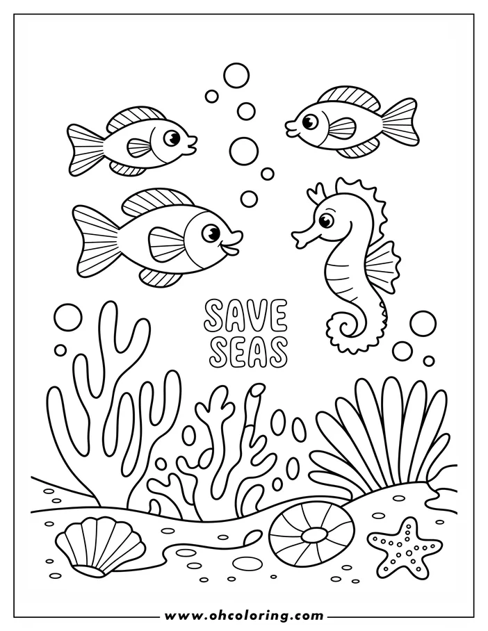 Earth Day coloring page depicting three fish and a seahorse swimming above coral and seaweed. A seashell and starfish rest on the seabed. The words "Save Seas" are prominently displayed. This simple, ocean-themed line art is perfect for coloring.