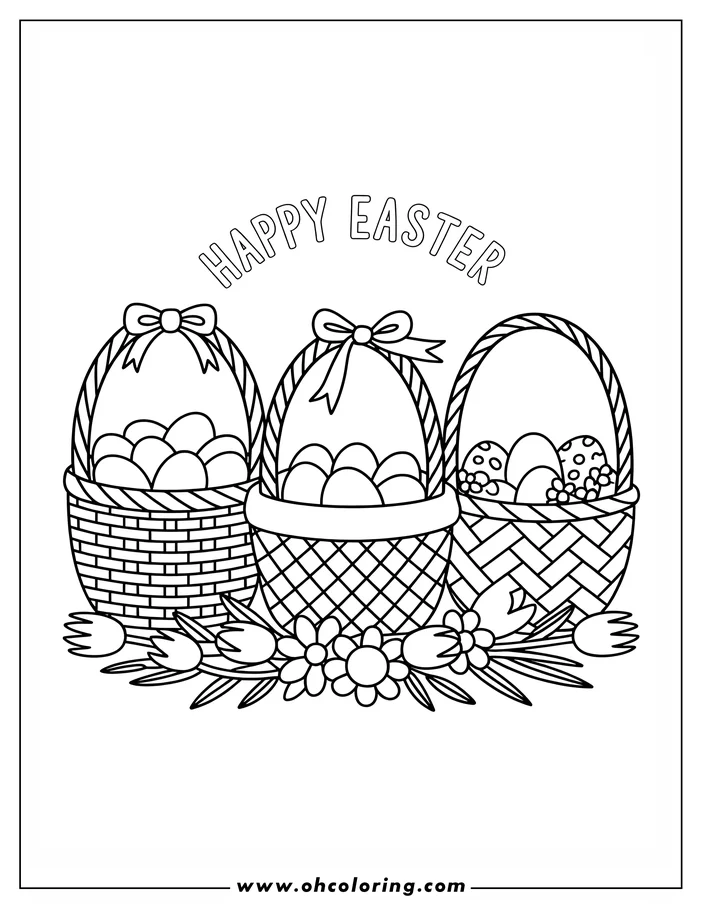 Line art of three Easter baskets filled with eggs. Two baskets have bows tied to their handles. Flowers and leaves are arranged around the base of the baskets. This design is a coloring sheet.