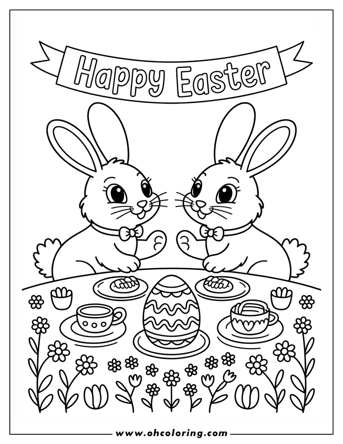 Line art of two Easter bunnies sitting at a table with an Easter egg, cakes, and tea between them, with a Happy Easter banner above. Coloring sheet design for kids and adults.
