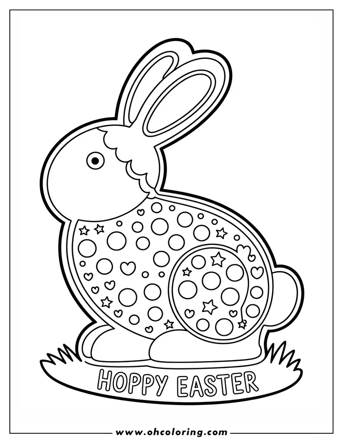 Line art of an Easter bunny for coloring. The bunny is decorated with circles, stars, and hearts.  It sits on a patch of grass with the words "Hoppy Easter" below. Ready to print and color!