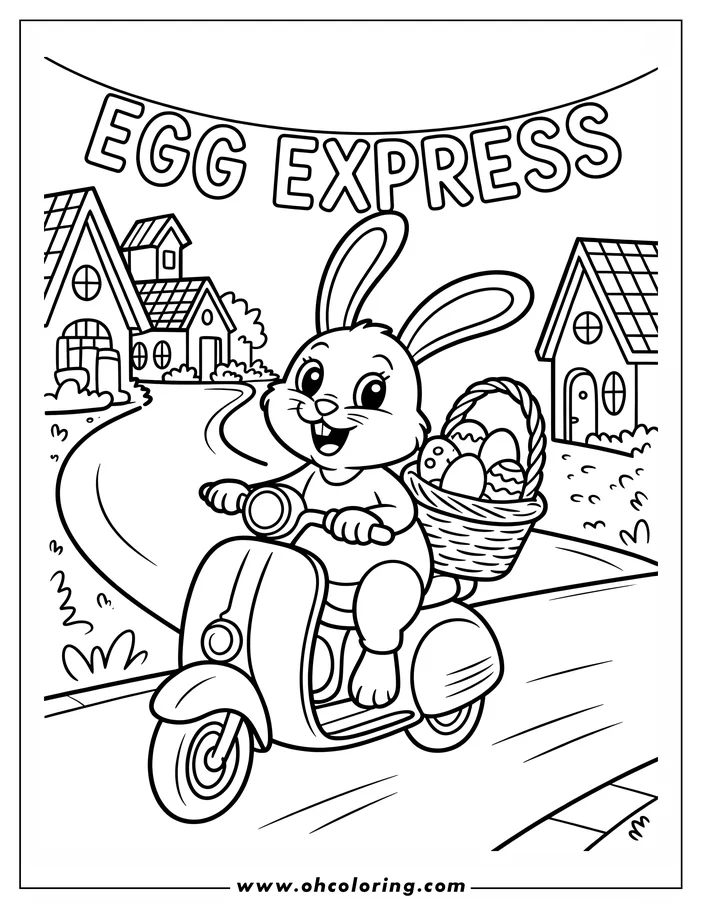 Line art of the Easter Bunny riding a scooter with a basket of Easter eggs. The scene includes houses and a banner that reads "EGG EXPRESS," creating a festive design for a coloring sheet.
