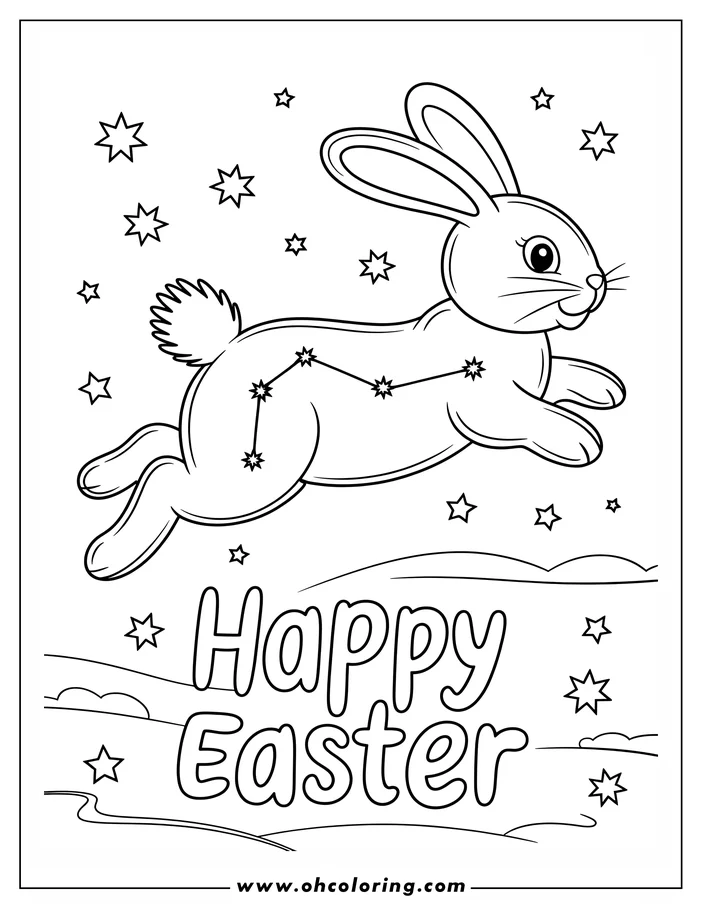 A simple, cartoon-style line drawing of the Easter Bunny leaping amidst a starry night sky, designed as a coloring sheet. 'Happy Easter' is written across the bottom. Perfect for a festive spring coloring activity.