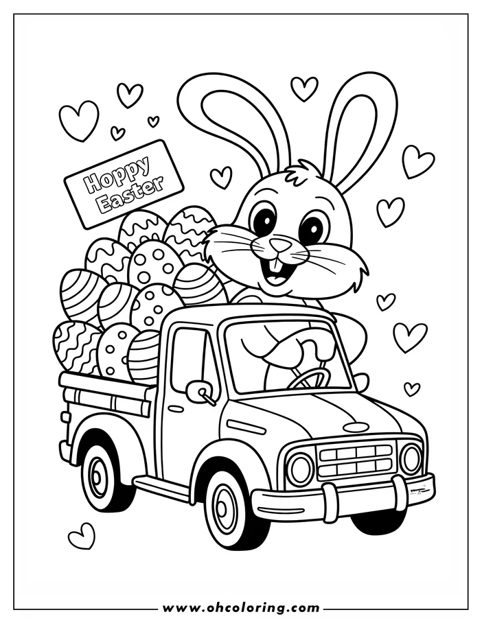Line art of a smiling Easter Bunny driving a vintage truck full of decorated eggs. Hearts float around the truck, creating a festive Easter scene.