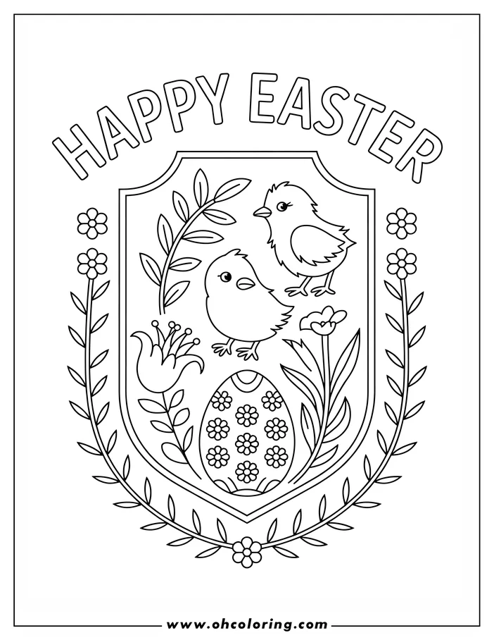 Easter-themed coloring page. Simple line art depicts two baby chicks, an Easter egg with a floral pattern, flowers, and leaves arranged within a badge shape with a leafy border. Perfect for springtime coloring.